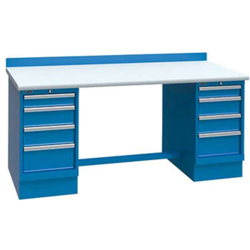 ESD-Safe Workbench with Two 4-Drawer Cabinet Pedestals, Bright Blue, 30 x 72"