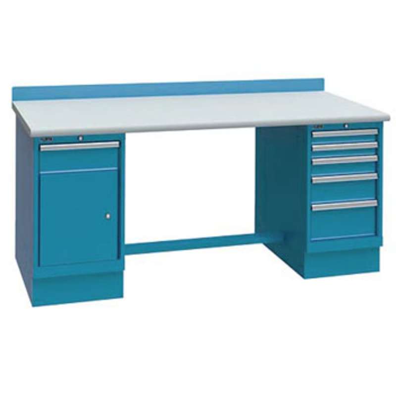 ESD-Safe Workbench with One 1-Drawer and One 5-Drawer Cabinet Pedestal, Classic Blue, 30 x 72"