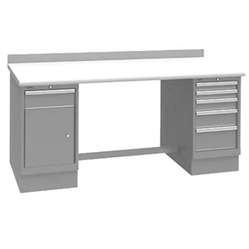 ESD-Safe Workbench with One 1-Drawer and One 5-Drawer Cabinet Pedestal, Light Grey, 30 x 72"