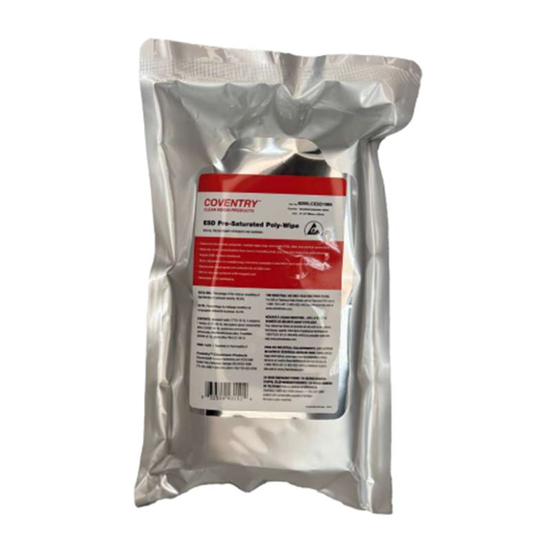 Coventry Laser Sealed Poly-Wipes in resealable ESD pouch of 7in x 12in, 10 Bags/Carton, 50 Wipes/Bag