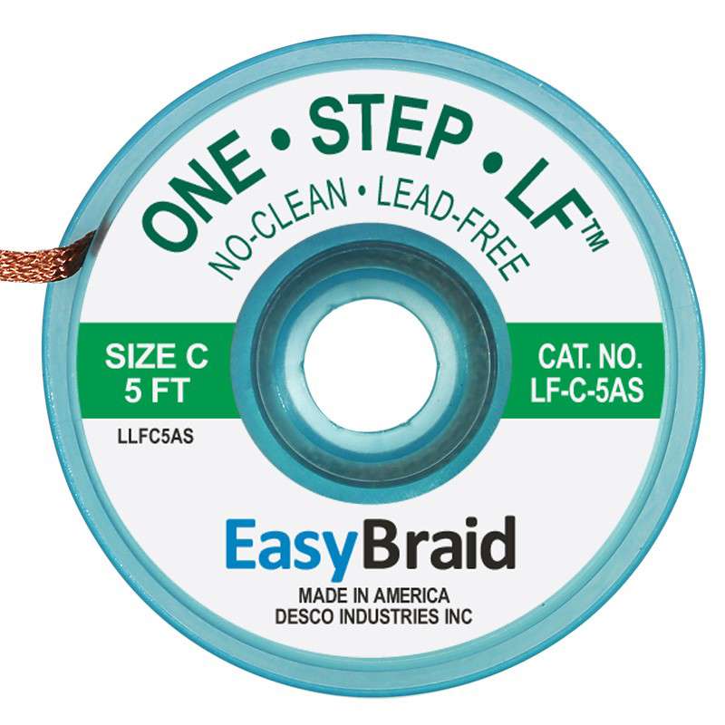 One Step Lead Free Solder Braid, .075in Green Series, Dissipative Spool, 5ft