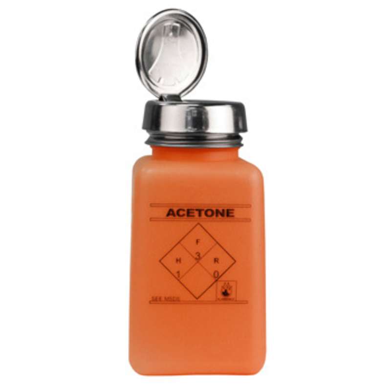 ESD-Safe Orange durAstatic™ Solvent Dispenser Bottle with One-Touch Pump Top and Acetone Markings, 6 oz