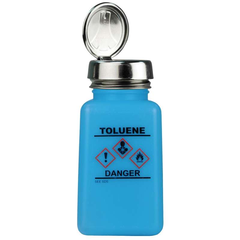 durAstatic™ ESD-Safe Toluene Solvent Dispenser Bottle with HCS Label and One-Touch Pump Lid, Blue, 6 oz.