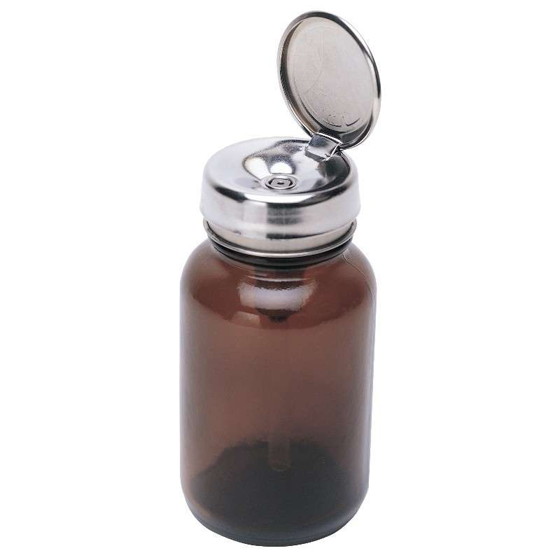 Amber Glass Bottle 4oz with Stainless Steel One-Touch Pump and PFA Stem