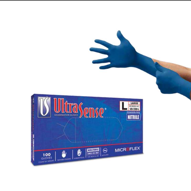 MICROFLEX®Ultrasense® Powder Free Textured Blue 3mil Nitrile Gloves, Large 9.5" Long, 100 per Box
