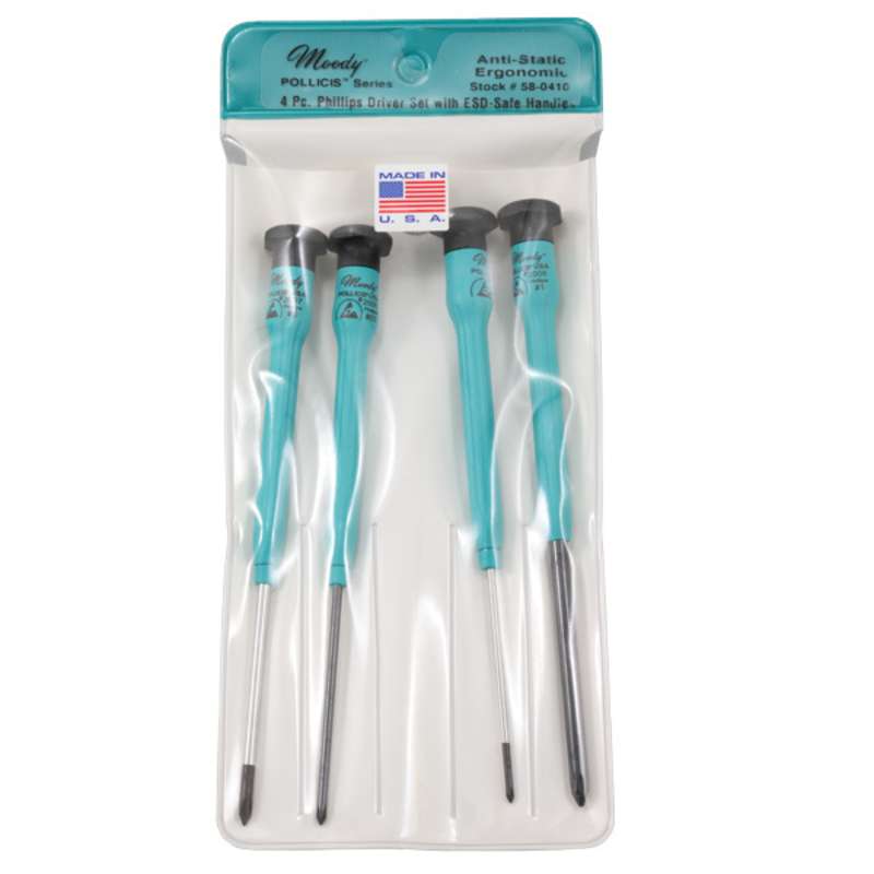 ESD-Safe Phillips Screwdriver Set with Fixed Long Handles in Pouch, 4 Pieces