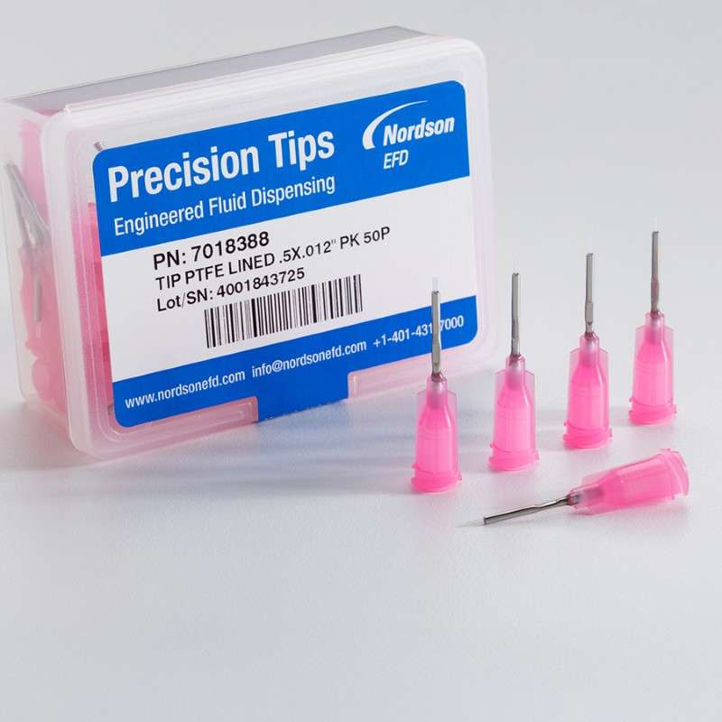 PTFE-Lined Dispensing Tips, Pink, 0.5 x 0.012", 50 per Box