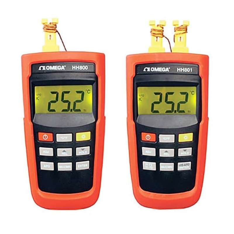 Handheld Digital Thermometer, K & J-type, 6 V (4 AAA), Miniature Connector, 2-CH, +/- (0.1 % rdg + 1 C), -200 C to 1372 C, -200 C to 1200 C, HH800 Series
