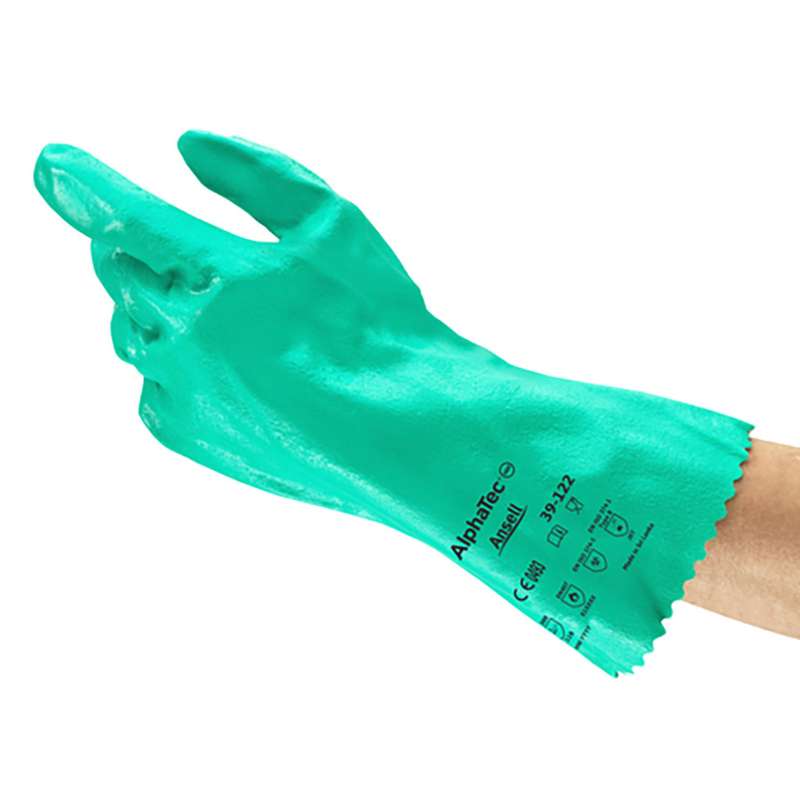 Gloves, 12 in Reinforced Nitrile, Gauntlet Cuff, Interlock Knit Cotton Lined, XL, Green, 12 pair per dozen