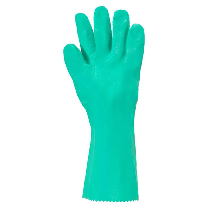 Gloves, 14 in Reinforced Nitrile, Gauntlet Cuff, Interlock Knit Cotton Liner, LG, Green, 12 pair per dozen