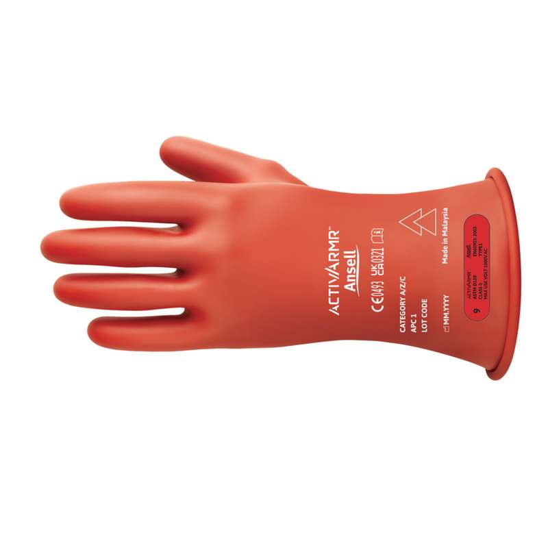Gloves, Electrical Insulating Class 0, Rubber Latex, Max 1,000 VAC, 1,500 VDC, 10.5, Red, 1 pair