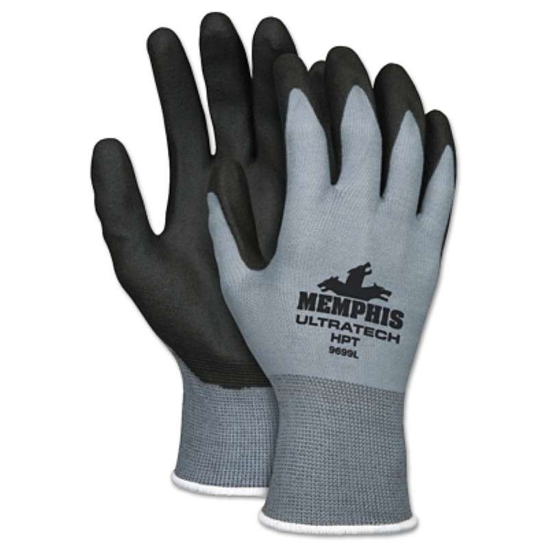 Work Gloves, HPT Coated Palms n Fingertips, Black/Gray, Large