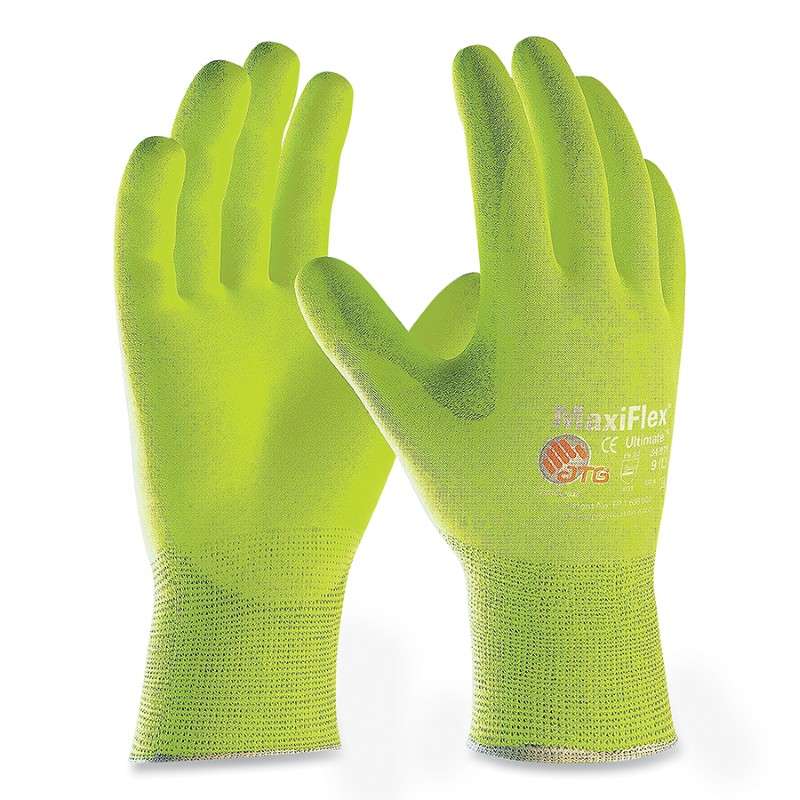 Hi-Vis Seamless Knit Nylon/Elastane Glove with Nitrile Coated MicroFoam Grip on Palm & Fingers, Touchscreen, Yellow, Small, 12 pair per dozen
