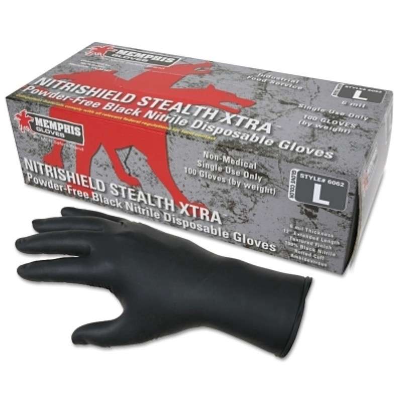 Gloves, NitriShield,12" OAL, Disposable Nitrile, Textured Grip, Black, Extra Large