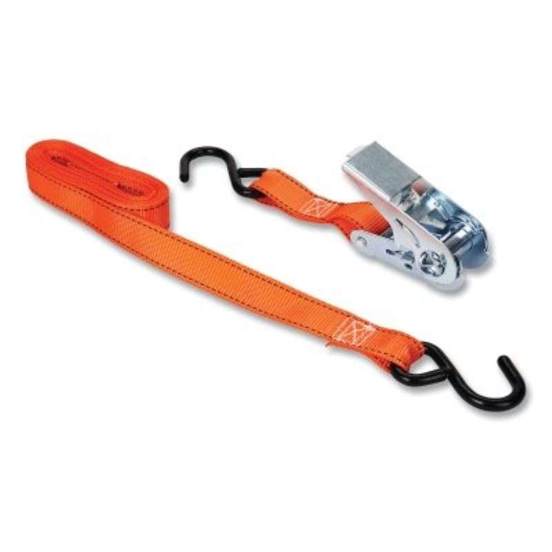 Ratchet Tie Down, 900 lbs Break Strength, Vinyl-Coated S-Hooks, 1"W x 10'L, Orange