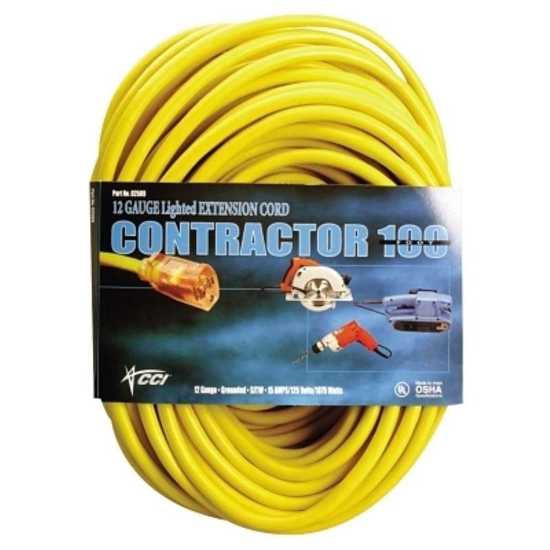 Outdoor Extension Cord, 50', 12/3 AWG, SJTW, Lit Ends, 125V, Yellow, 8/Pkg