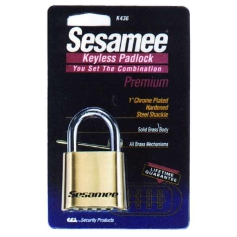 Padlock, Sesamee, Keyless, 5/16" Shackle Dia, 1" L x 1" W, Brass, Carded