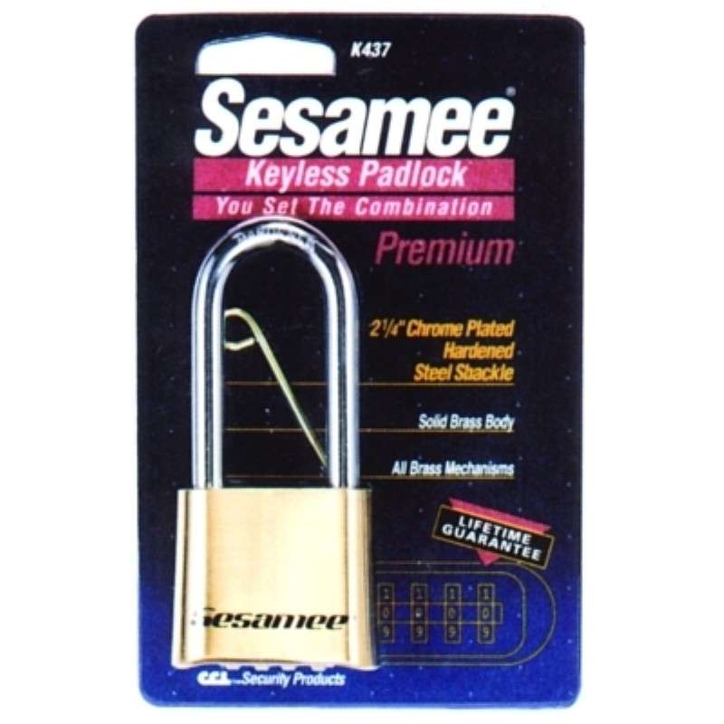 Padlock, Sesamee, Keyless, 5/16" Shackle Dia, 2-1/4" L x 1" W, Brass, Carded