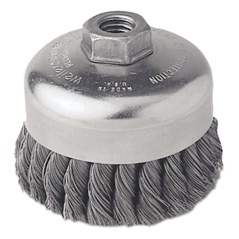 Wire Cup Brush, Knotted, Single Row, 0.014" Steel Fill, 5/8"-11 UNC, 4" Diameter