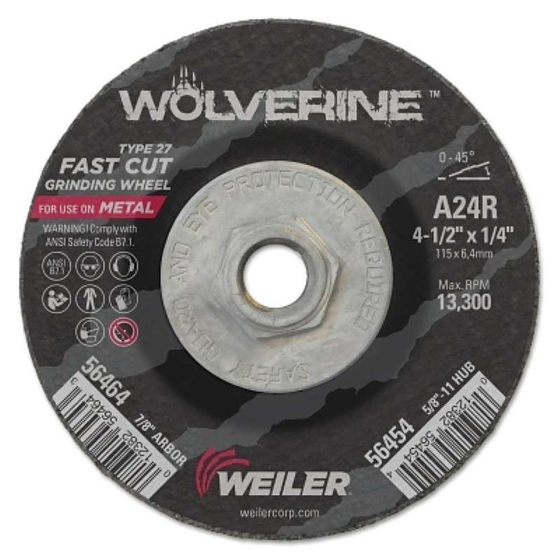 Grinding Wheel, Wolverine, Type 27, A24R, 5/8-11 Nut, 4-1/2" Diameter