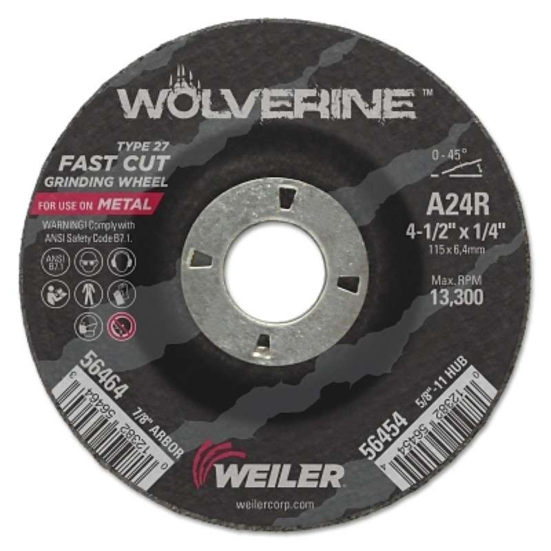 Grinding Wheel, Wolverine, A24R, 5/8-11 Nut, 7/8" Arbor Hole, 4-1/2" Diameter