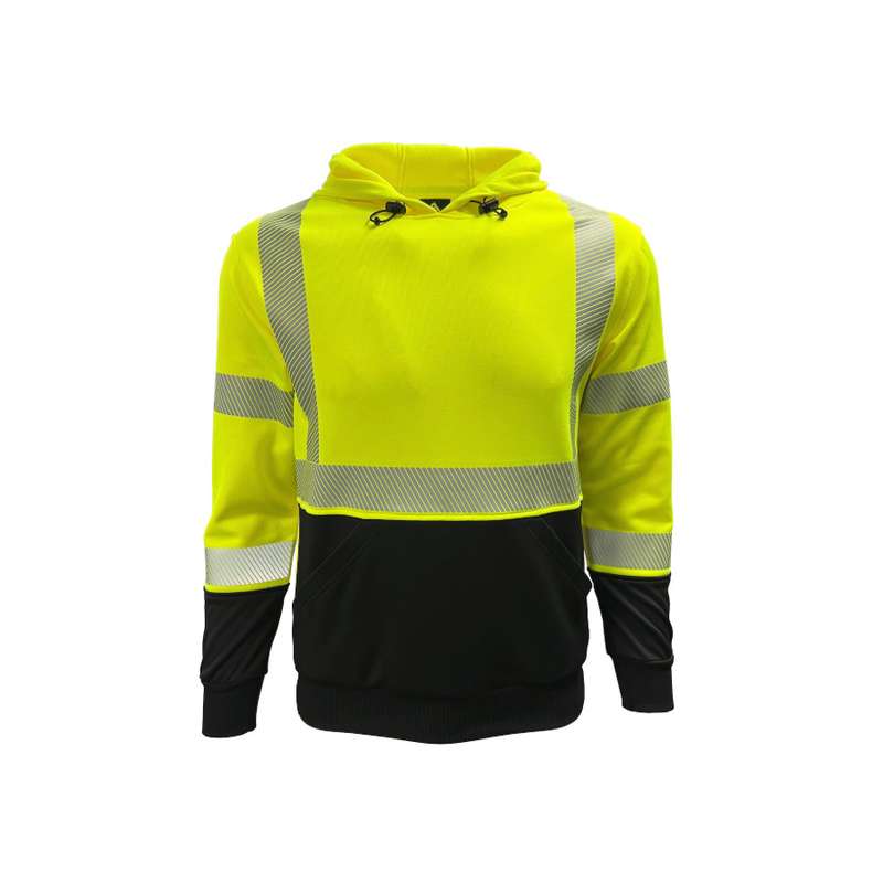 Knitted 8 oz Fleece Pullover, Lower Front Kangaroo Pocket Rib Knit Cuffs & Hem, Hi-Vis Yellow/Black, Medium, 12 Each Per Case