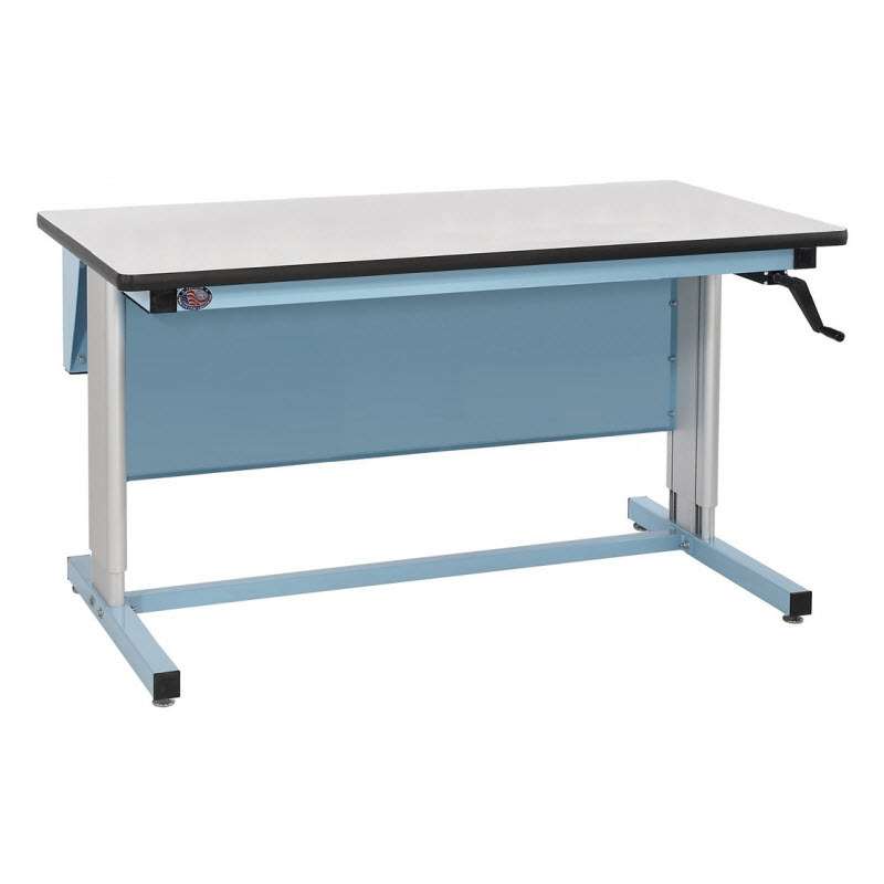 Ergo-Line Workstation Bench STD Hand Crank, Light Blue Frame, 72"Lx30"Wx30"H to 42"H, White Plastic Laminate w/ Black "T" Mold