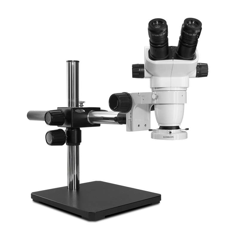 SSZ-II Stereo Zoom Binocular Microscope with 10X Eyepieces, Single Arm Boom Stand, and Compact LED Ring Light