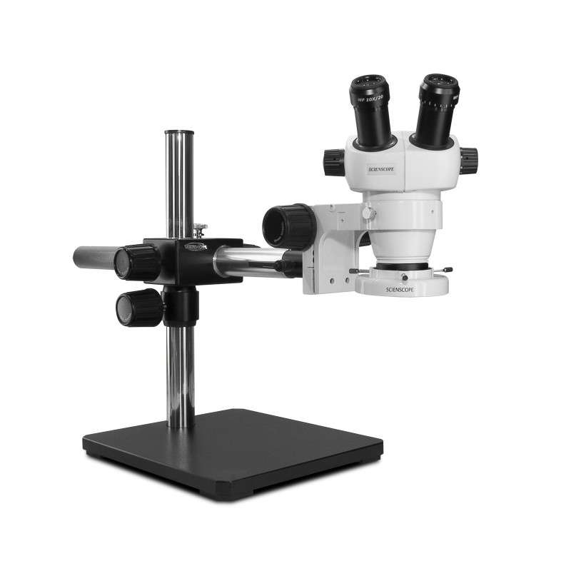 ELZ Stereo Zoom Binocular, 10x Eyepieces, Eye Guards, Single Arm Boom Stand with 76mm e-arm, 0.5x Auxiliary Lens, Ring Adapter, Compact LED Ring Light