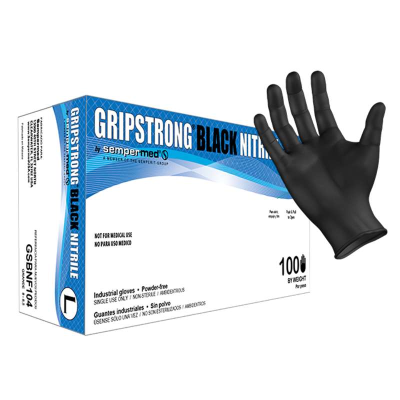 GripStrong Glove, Black Nitrile Powder Free, Textured, Industrial, Large, 100/Box