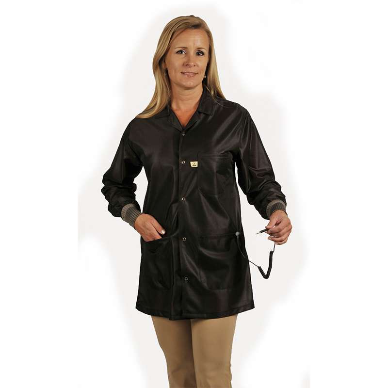ESD-Safe Traditional Style Lapel Jacket in OFX-100 Material with Cuffs, Black, Medium, 32" Long