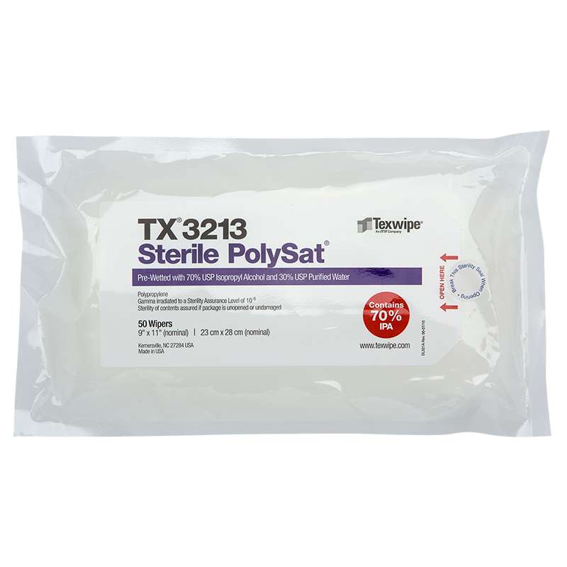 PolySat® Pre-wetted Cleanroom Wipers, Sterile, 50 Wipes per Flexpack, 20 Packs per Case