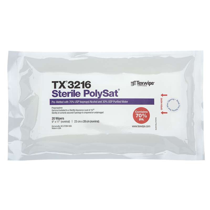 PolySat® Pre-wetted Cleanroom Wipers, Sterile with 70% IPA, 9" x 11", 20 per Flexpack, 24 Packs per Case