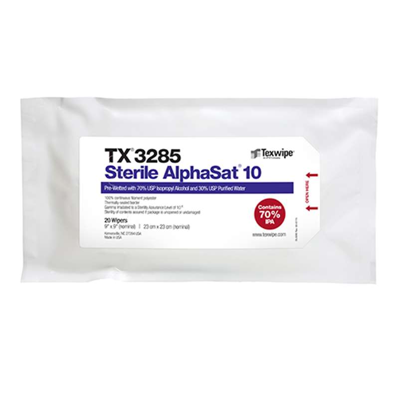 Sterile AlphaSat® with Vectra® Alpha® 10 TX3285 Pre-Wetted Cleanroom Wipers, Sterile, 70% IPA, 9" x 9", 20 per Flexpack, 20 Packs per Case