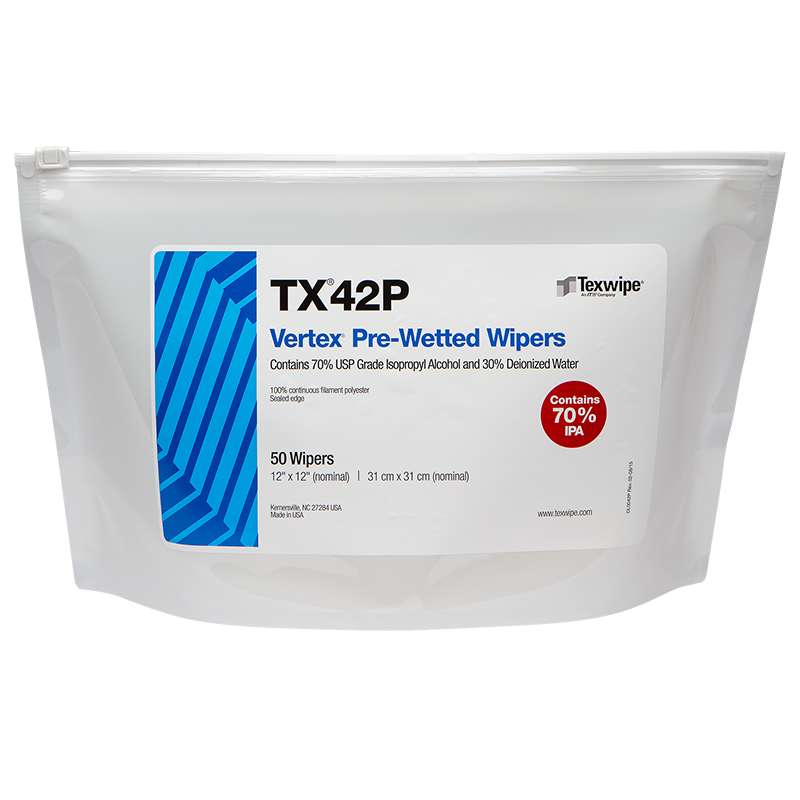 Vertex® Pre-Wetted Cleanroom Wipers, Non-Sterile with 70% IPA, 12" x 12", 50 per Bag, 4 Bags per Case