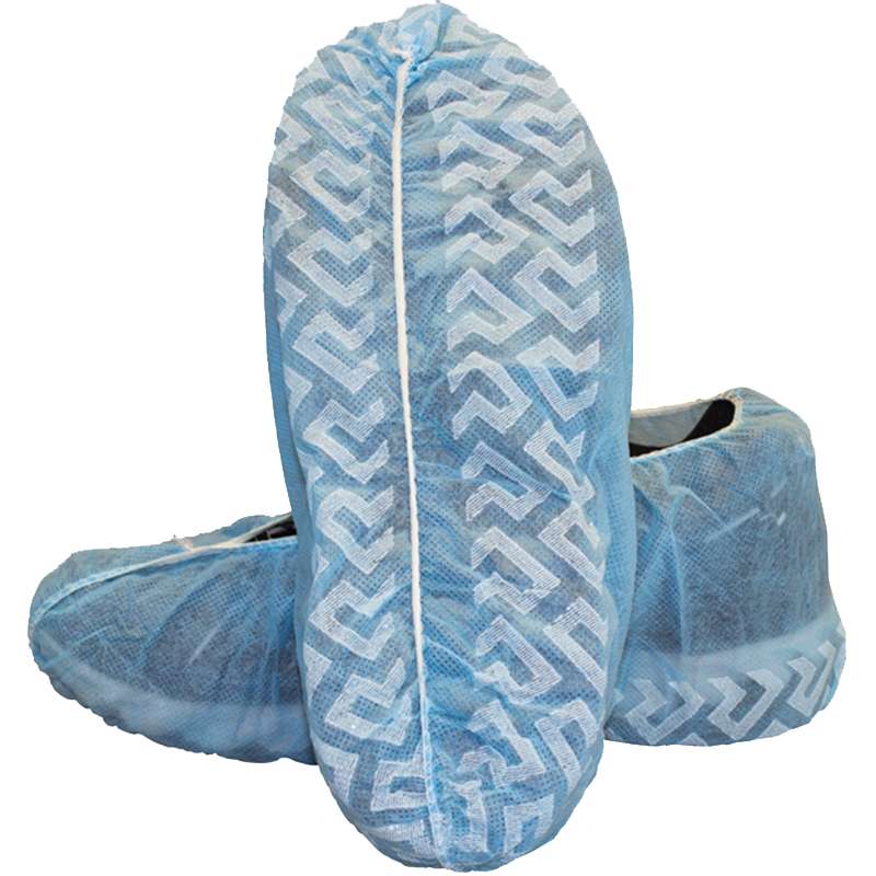 blue shoe cover with white treads over sneakers