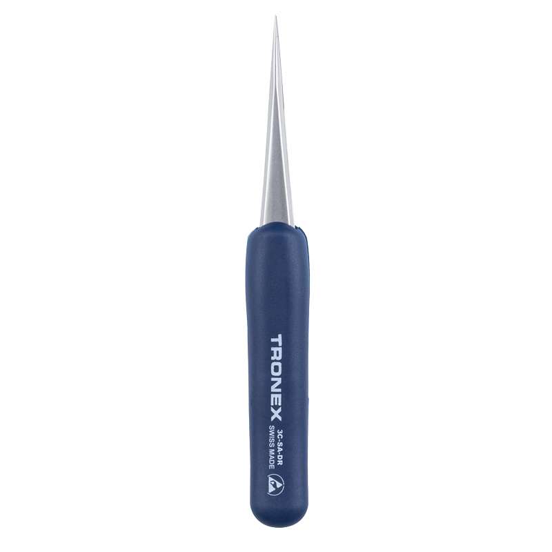 Precision Stainless Steel Tweezer, ESD Rubber Grip, Short Body, Straight Fine Sharp Tip, Style 3C