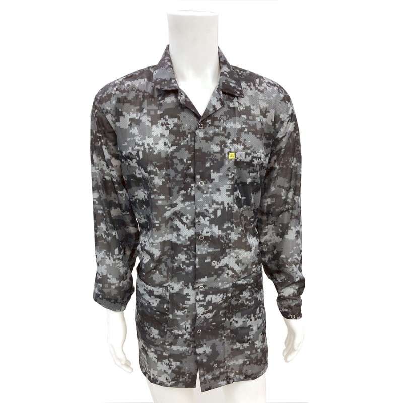 ESD Jacket, 3/4th Length, Lapel Collar, Snap Cuff, Medium, Gray Camo