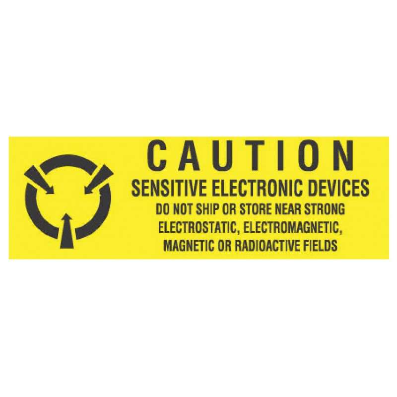 LB9050 Caution Labels, 5/8in x 2in, Yellow & Black, "Caution Sensitive Electronic Devices", 500/ Roll