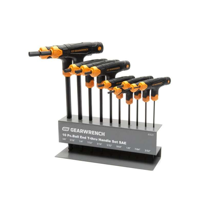 T-Handle Hex Key Set, Ball End, SAE, 10 Pieces, Alloy Steel, w/Metal Stand