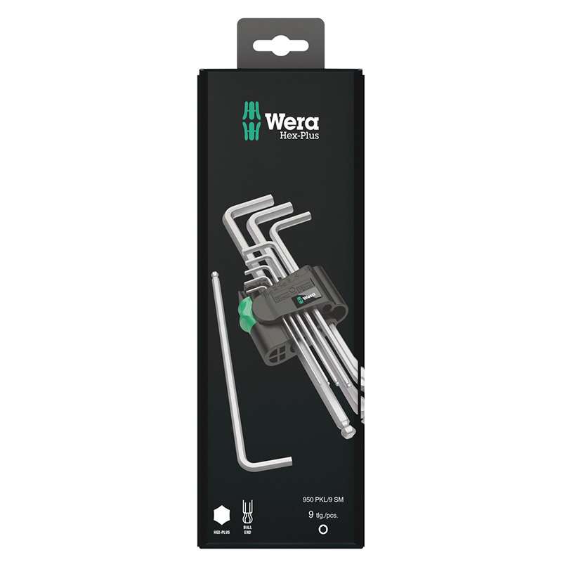 L-key Set, 950/9, Hex-Plus, Ball End, Long Arm, Metric, Chrome-Plated, 9 Pieces