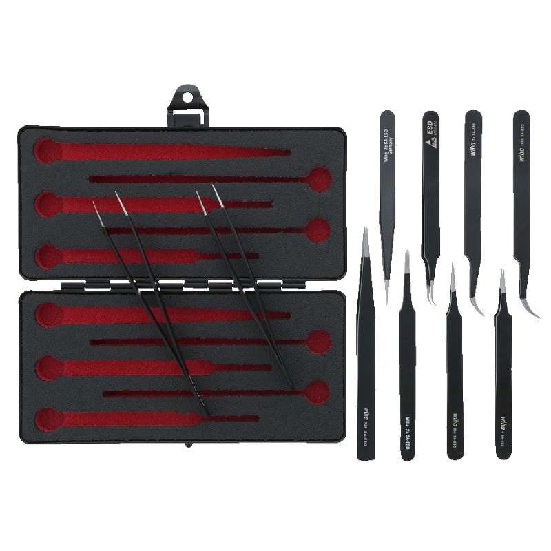 Tweezers Set, ESD Safe, 10 Pieces, Anti-Static, w/Metal Storage Box
