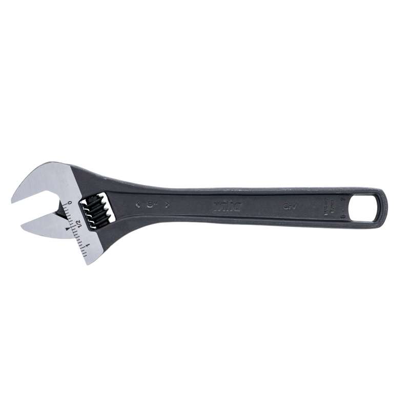Adjustable Wrench, Handle Hole, Cr-V Tool Steel, Black Phosphate, Metal, 8" OAL