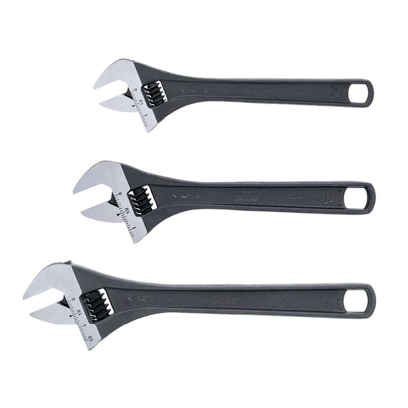 Adjustable Wrench Set, Handle Hole, Cr-V Tool Steel, Black Phosphate, Metal, 3 Pieces