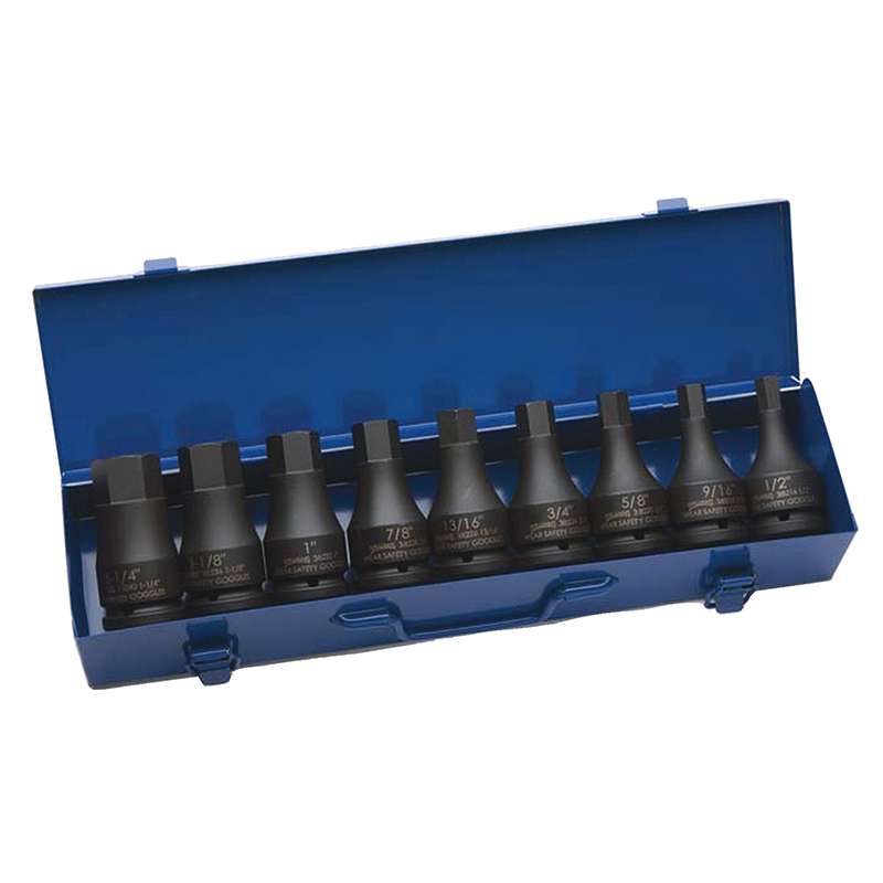 Impact Hex Bit Set, 9 Pieece, 3/4" Drive, 1/2" to 1-1/4" Size, SAE