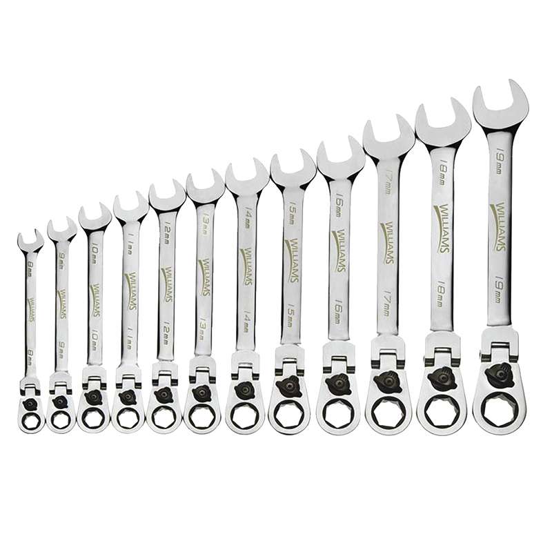 Combination Wrench, 12 pc, Flex Head, Reversible Ratcheting, 12-Point, Metric