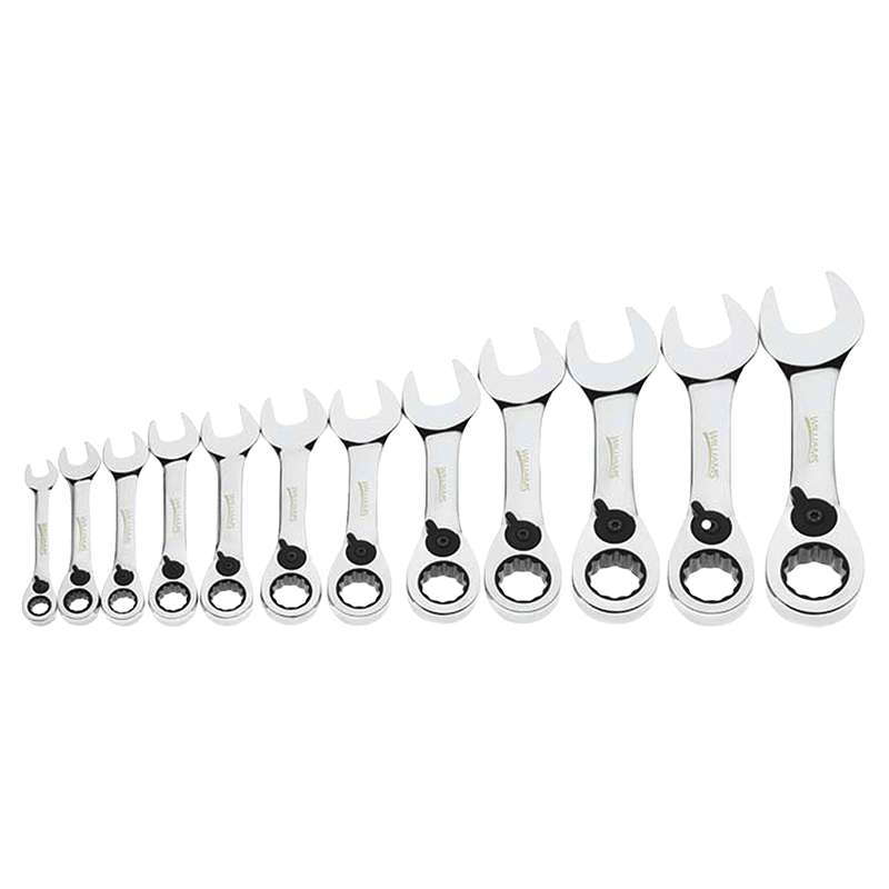 Combination Wrench, 12 pc, Stubby, Reversible Ratcheting, 12-Point, Metric